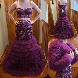 Johnathan Kayne Plum Sequin Three-Piece Mermaid Gown